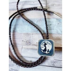 Halloween bolo tie, spooky witch , unique goth bolo tie necklace, witch in moon